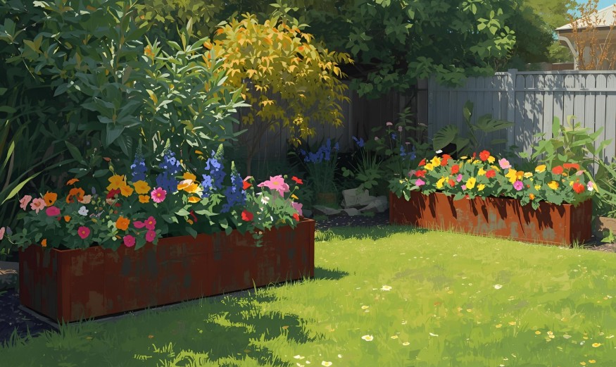 metal planter boxes in garden